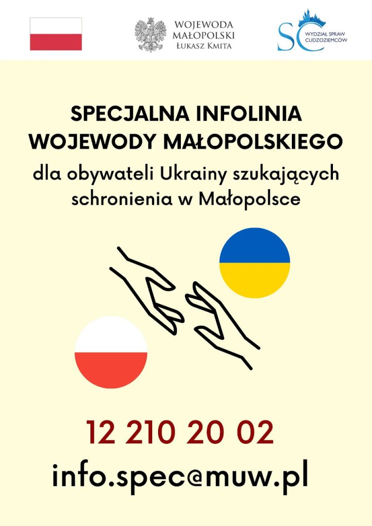 Specjalna infolinia Wojewody Małopolskiego dla obywateli ukrainy, tel. 12 210 20 02, info.spec@muw.pl
