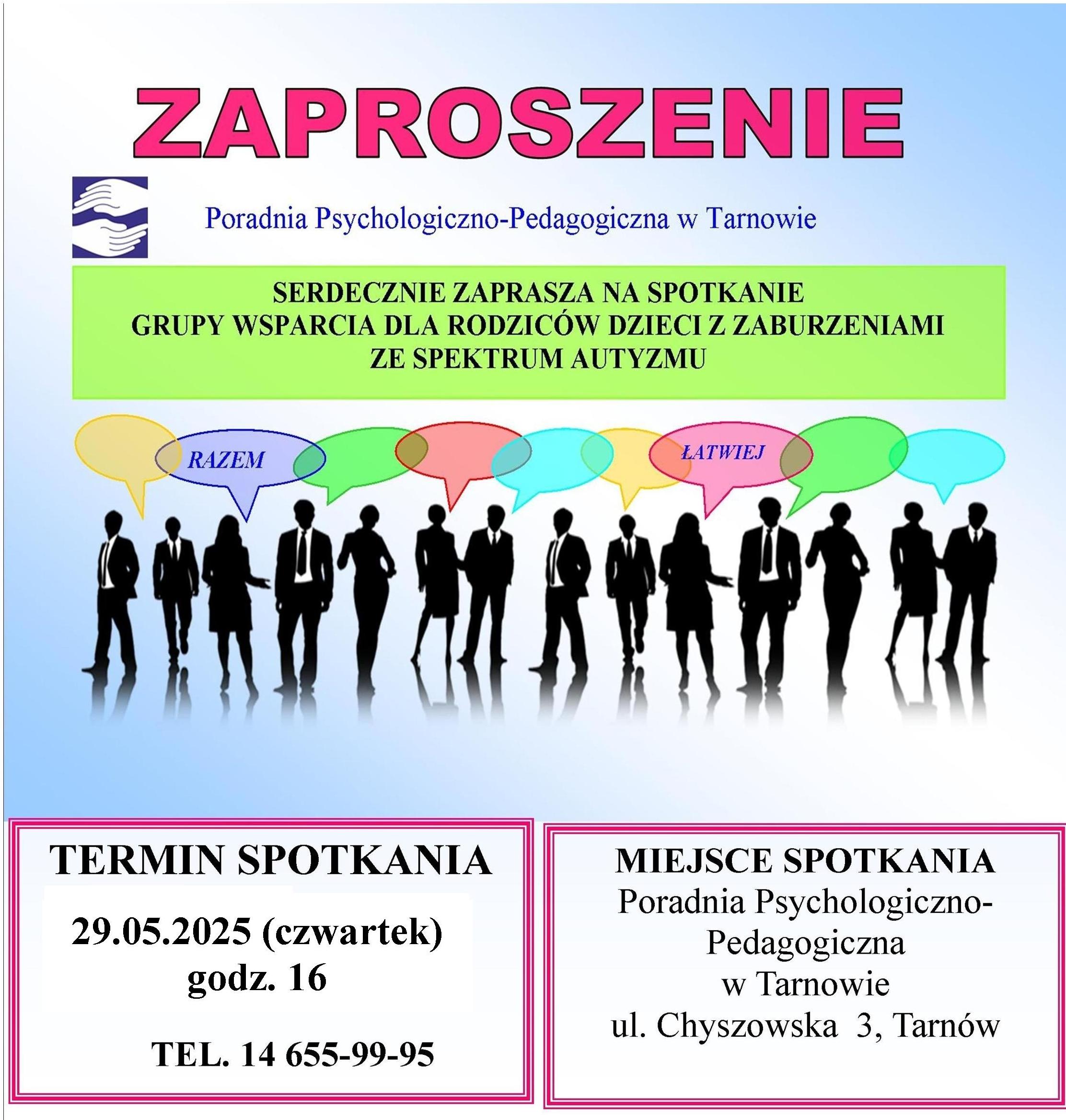 Grupa wsparcia dla rodziców dzieci z zaburzeniami ze spekterum autyzmu zaprasza na spotkanie: 
Termin spotkania 29.05.2025 czwartek, godzina 16:00